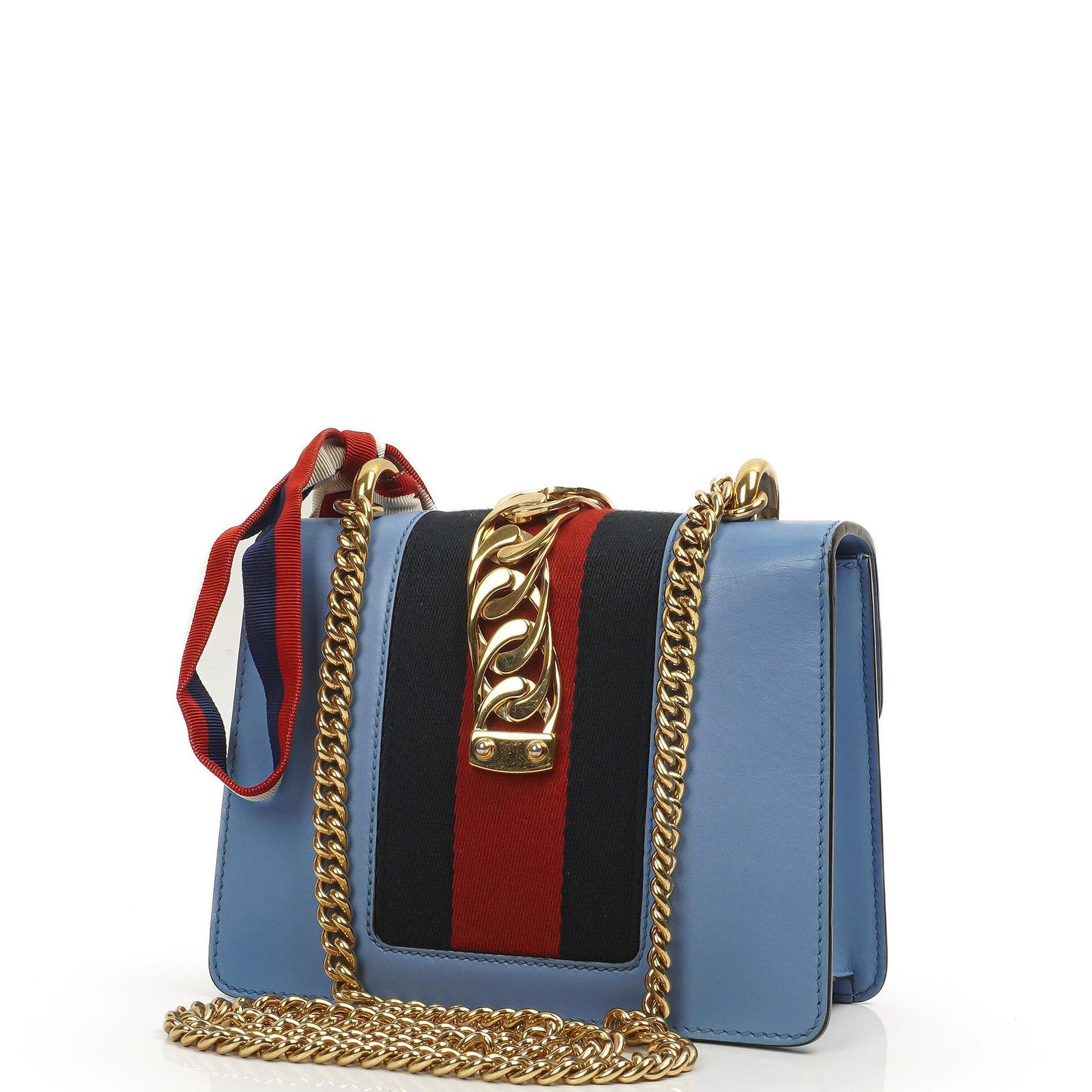 Gucci Mini Sylvie Klappen-Kette Tasche Web-Streifen Klar Himmelblau Kalbsleder