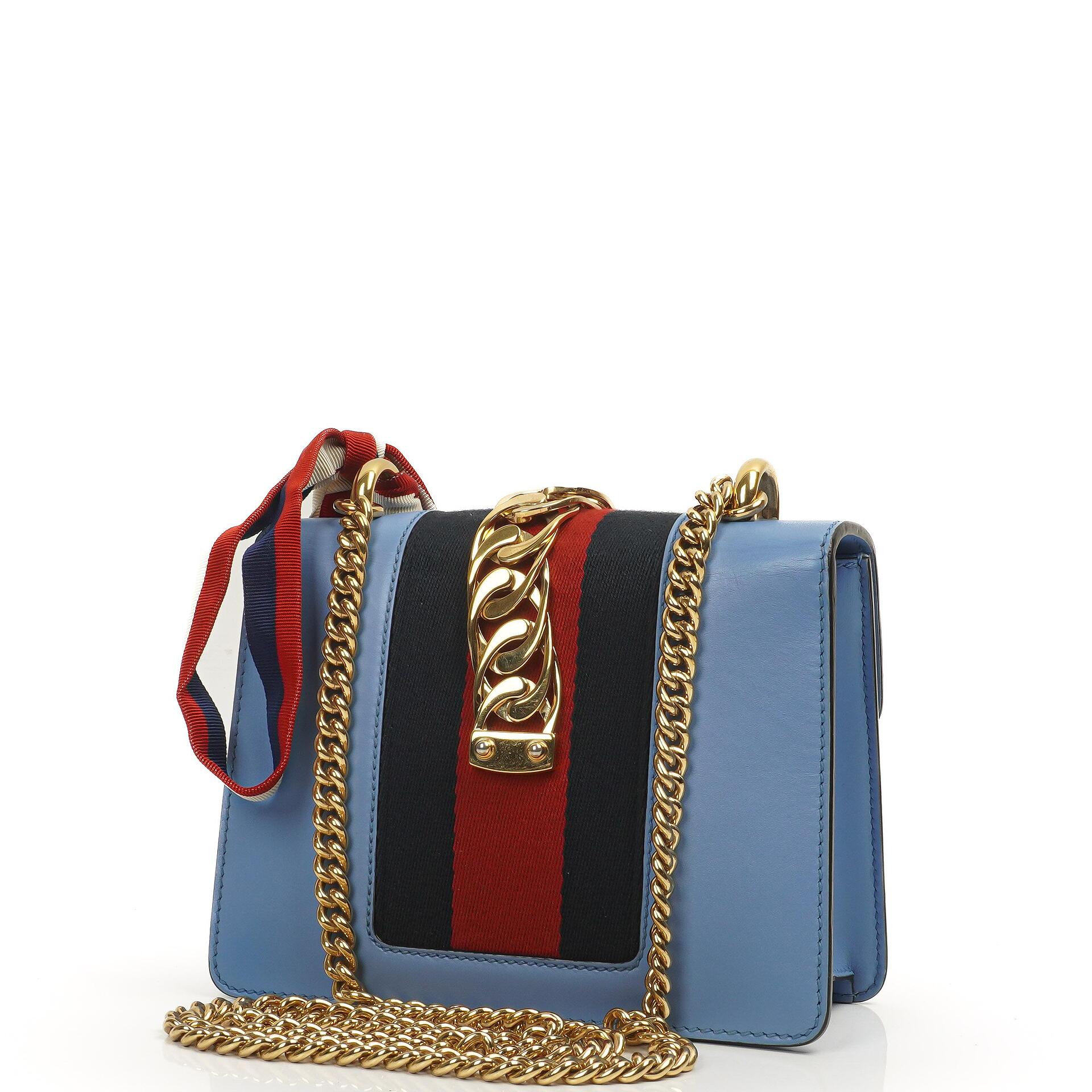 Gucci Mini Sylvie Klappen-Kette Tasche Web-Streifen Klar Himmelblau Kalbsleder