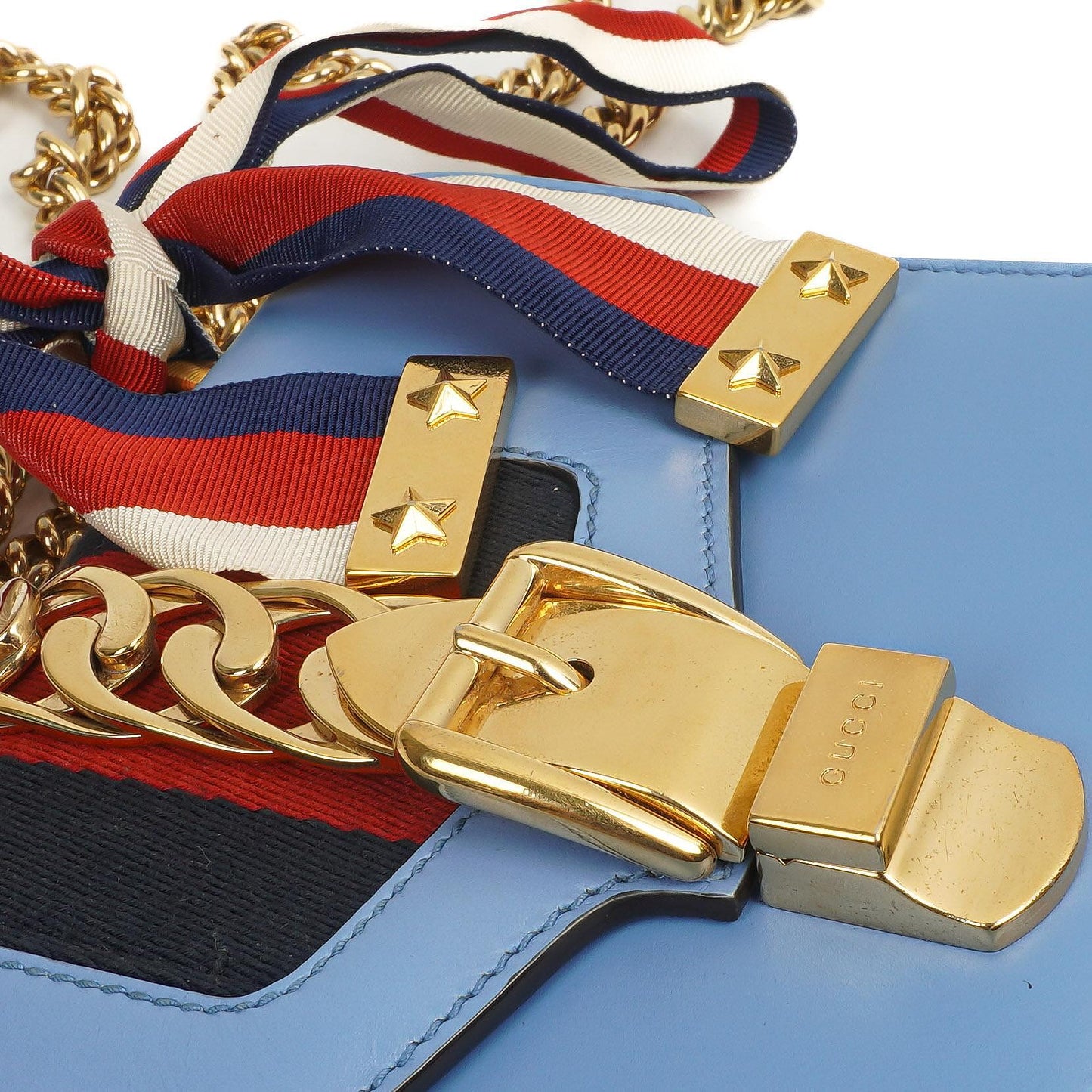 Gucci Mini Sylvie Klappen-Kette Tasche Web-Streifen Klar Himmelblau Kalbsleder