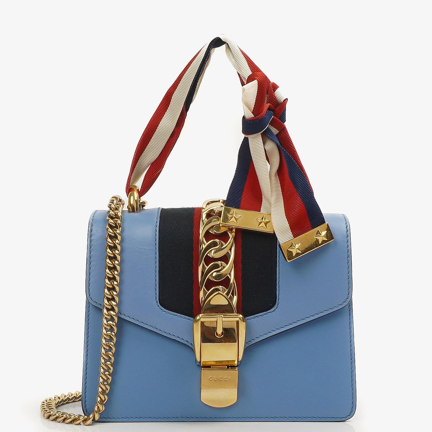 Gucci Mini Sylvie Klappen-Kette Tasche Web-Streifen Klar Himmelblau Kalbsleder