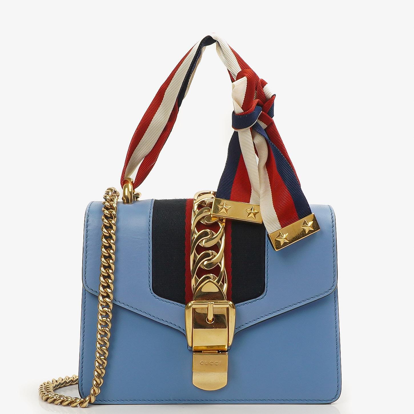Gucci Mini Sylvie Klappen-Kette Tasche Web-Streifen Klar Himmelblau Kalbsleder