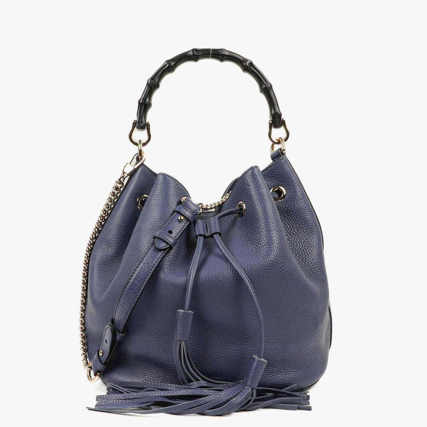 Gucci Miss Bamboo Genarbtes Blaues Kalbsleder Bucket Tasche
