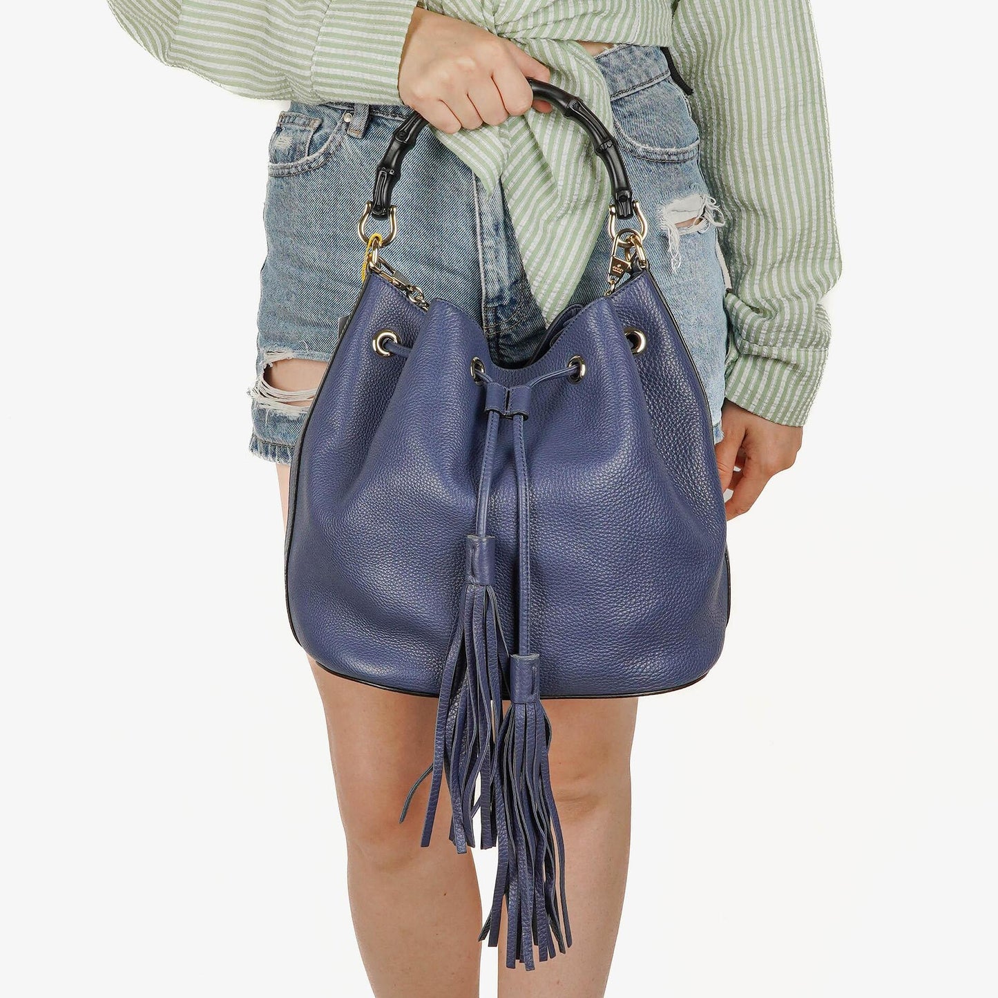 Gucci Miss Bamboo Genarbtes Blaues Kalbsleder Bucket Tasche