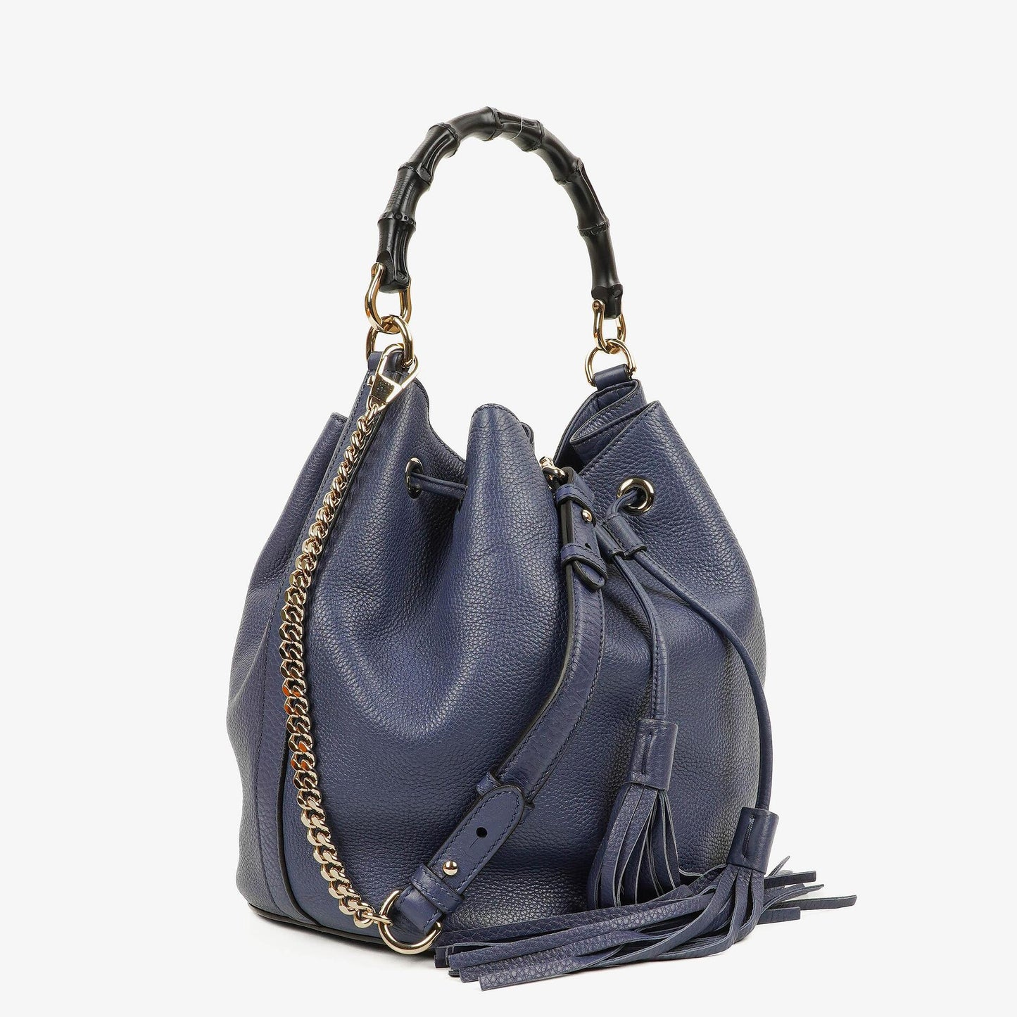Gucci Miss Bamboo Genarbtes Blaues Kalbsleder Bucket Tasche