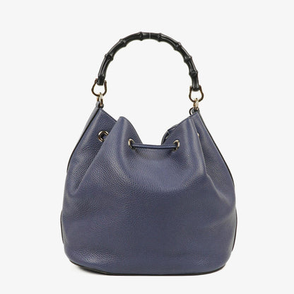 Gucci Miss Bamboo Genarbtes Blaues Kalbsleder Bucket Tasche