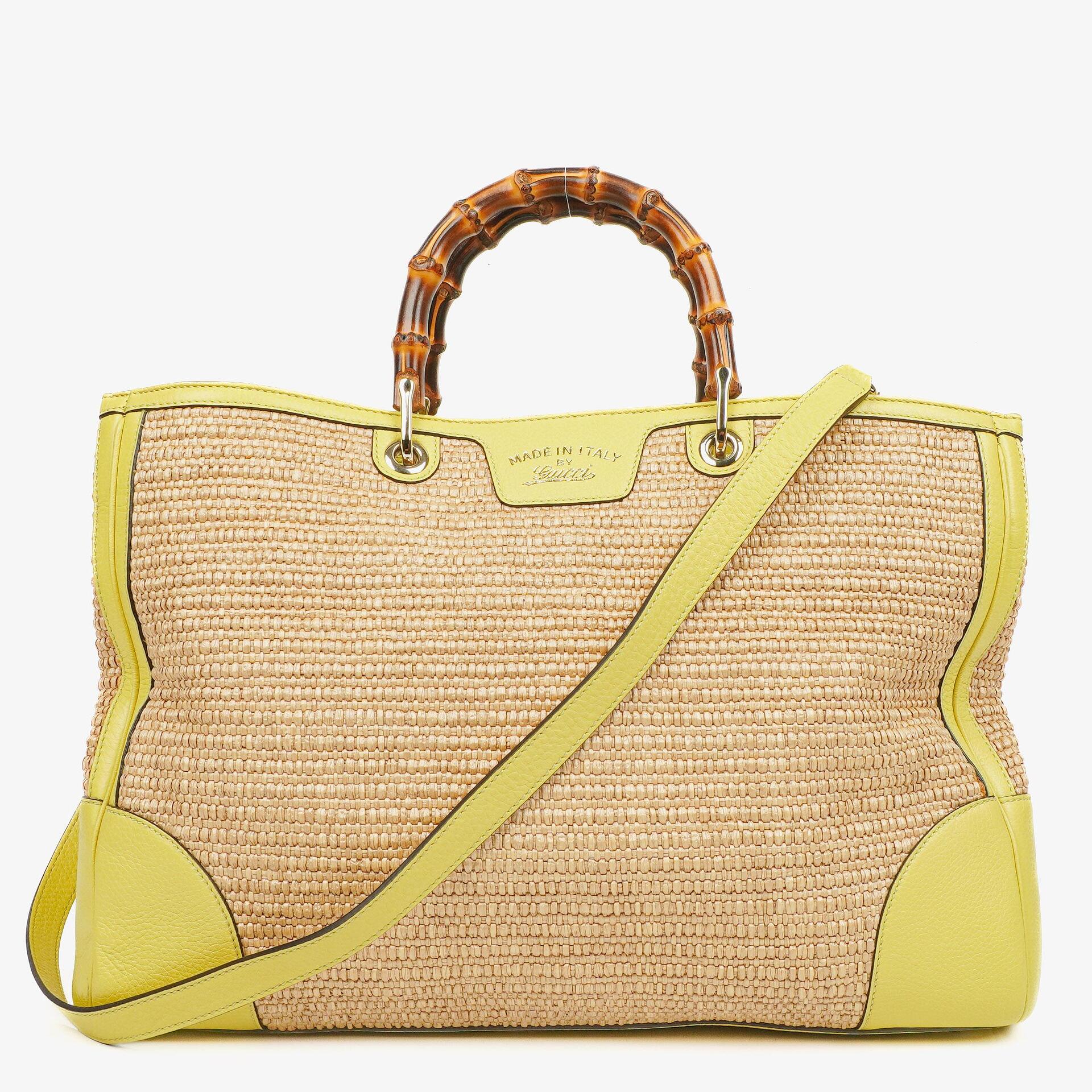 Gucci Bamboo Shopper Tragetasche aus naturfarbenem geflochtenem Stroh und Leder