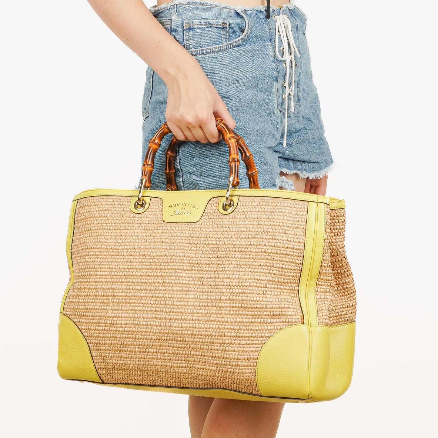 Gucci Bamboo Shopper Tragetasche aus naturfarbenem geflochtenem Stroh und Leder