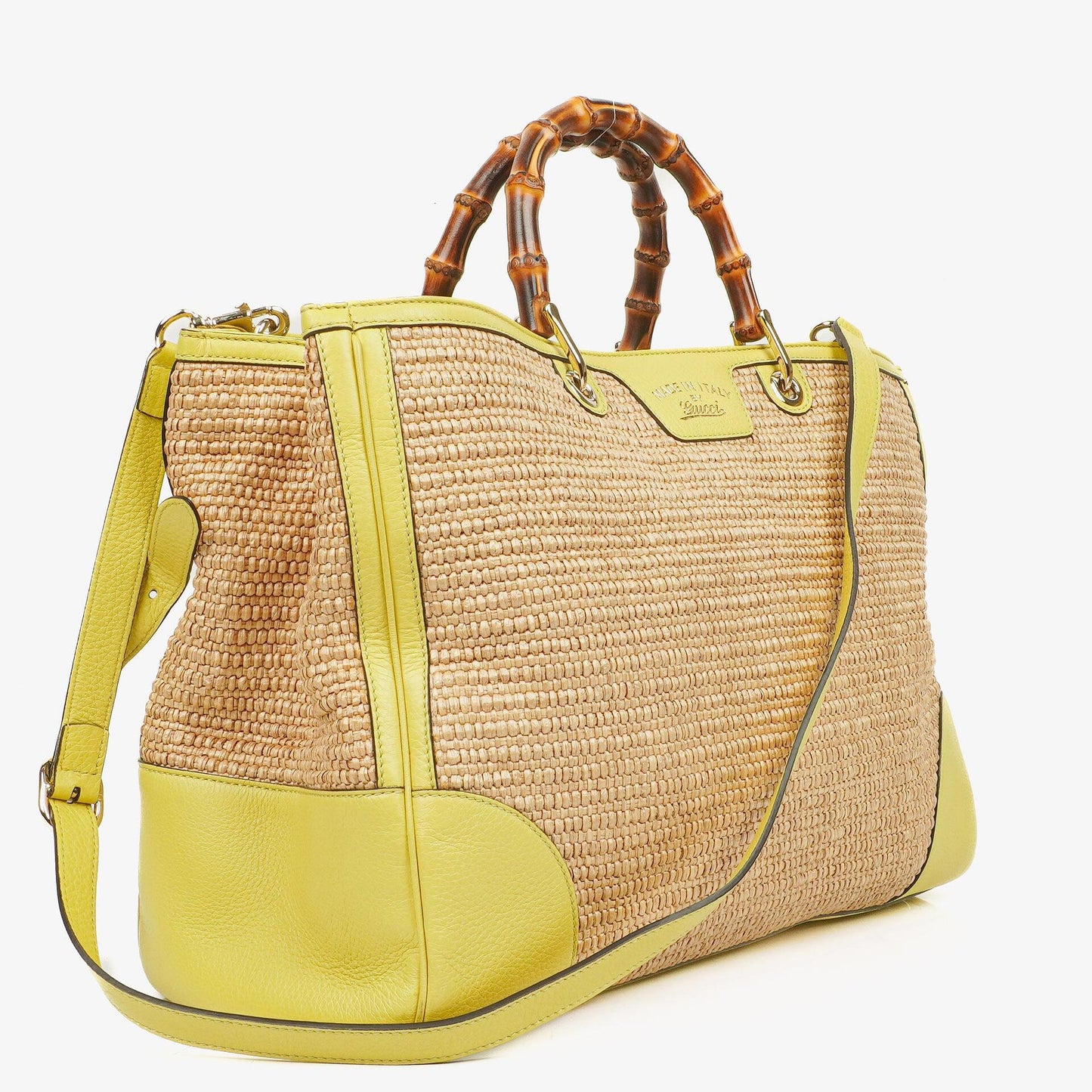 Gucci Bamboo Shopper Tragetasche aus naturfarbenem geflochtenem Stroh und Leder