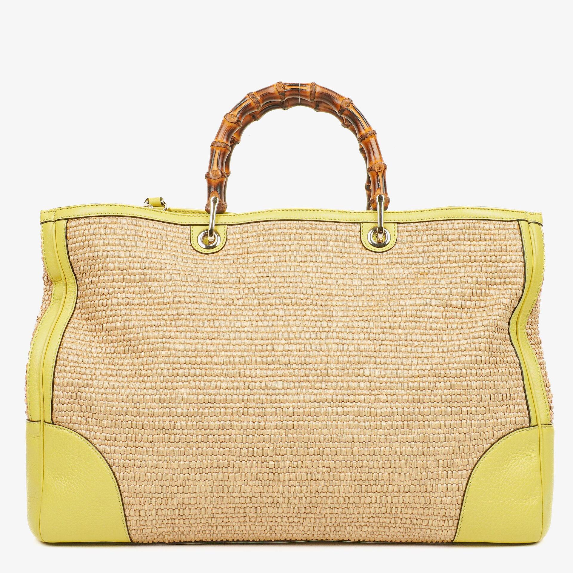 Gucci Bamboo Shopper Tragetasche aus naturfarbenem geflochtenem Stroh und Leder