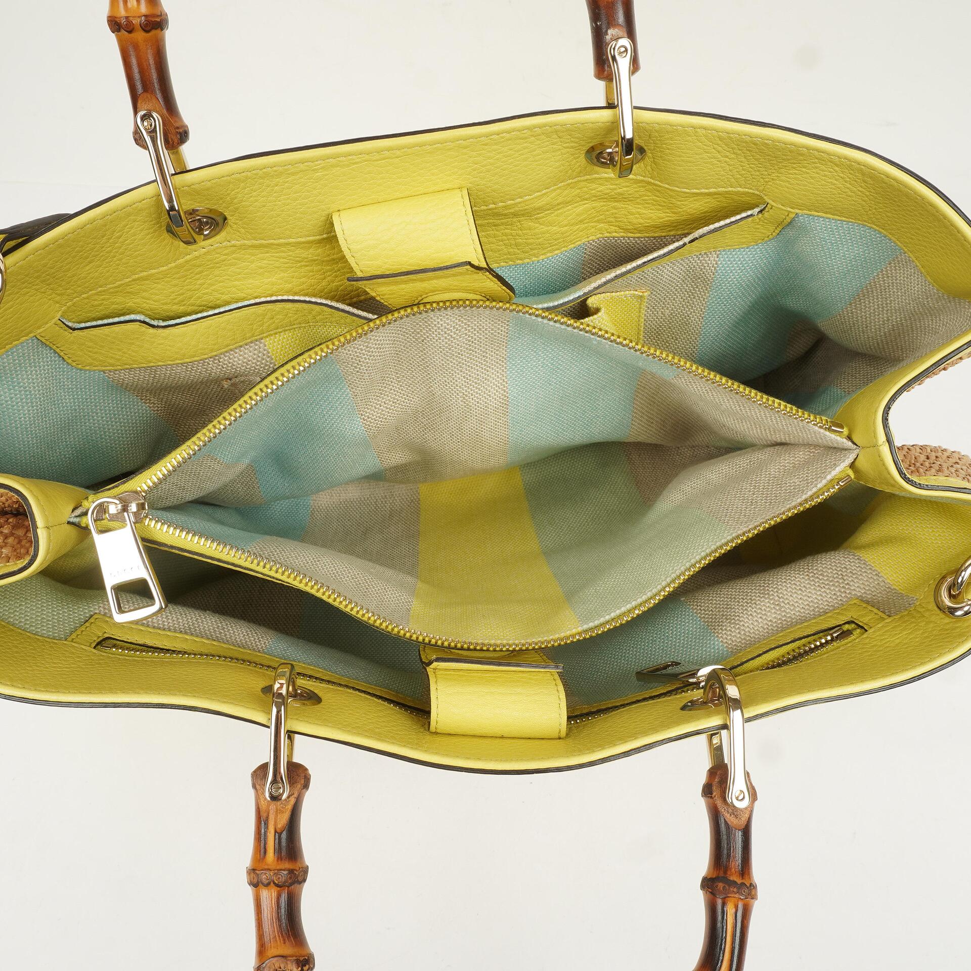 Gucci Bamboo Shopper Tragetasche aus naturfarbenem geflochtenem Stroh und Leder