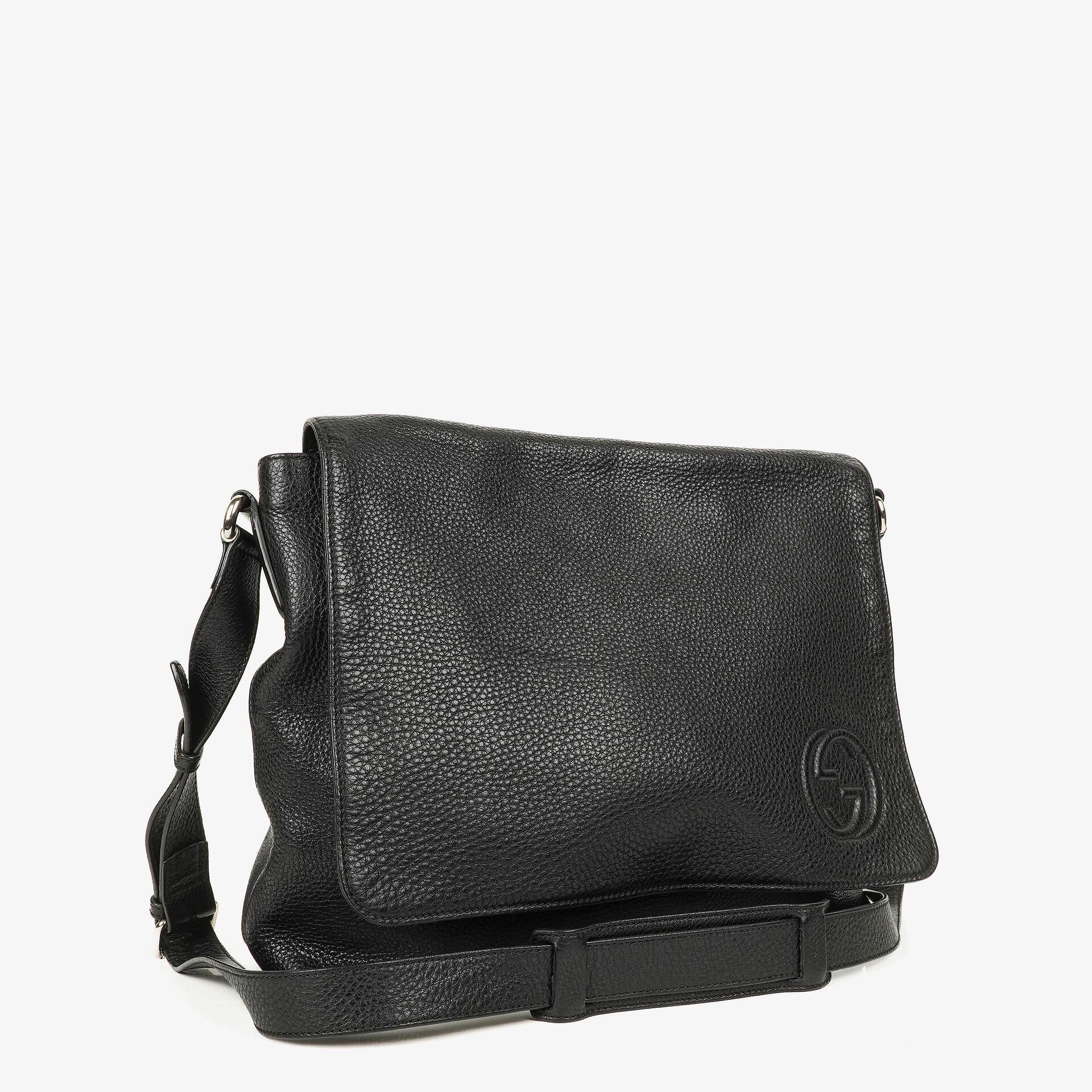 Gucci Messenger Tasche aus schwarzem genarbtem Leder