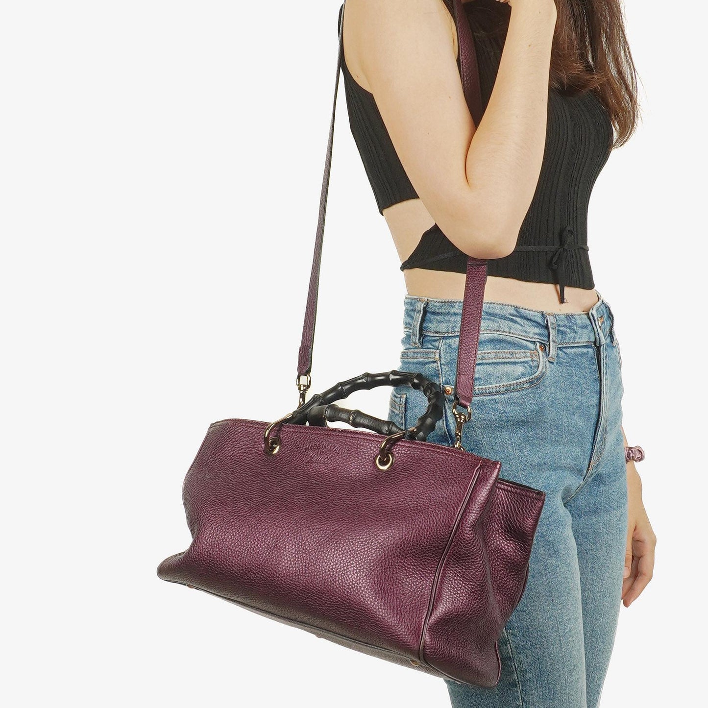 Gucci Bamboo Shopper Tote Tasche Medium aus lila genarbtem Kalbsleder