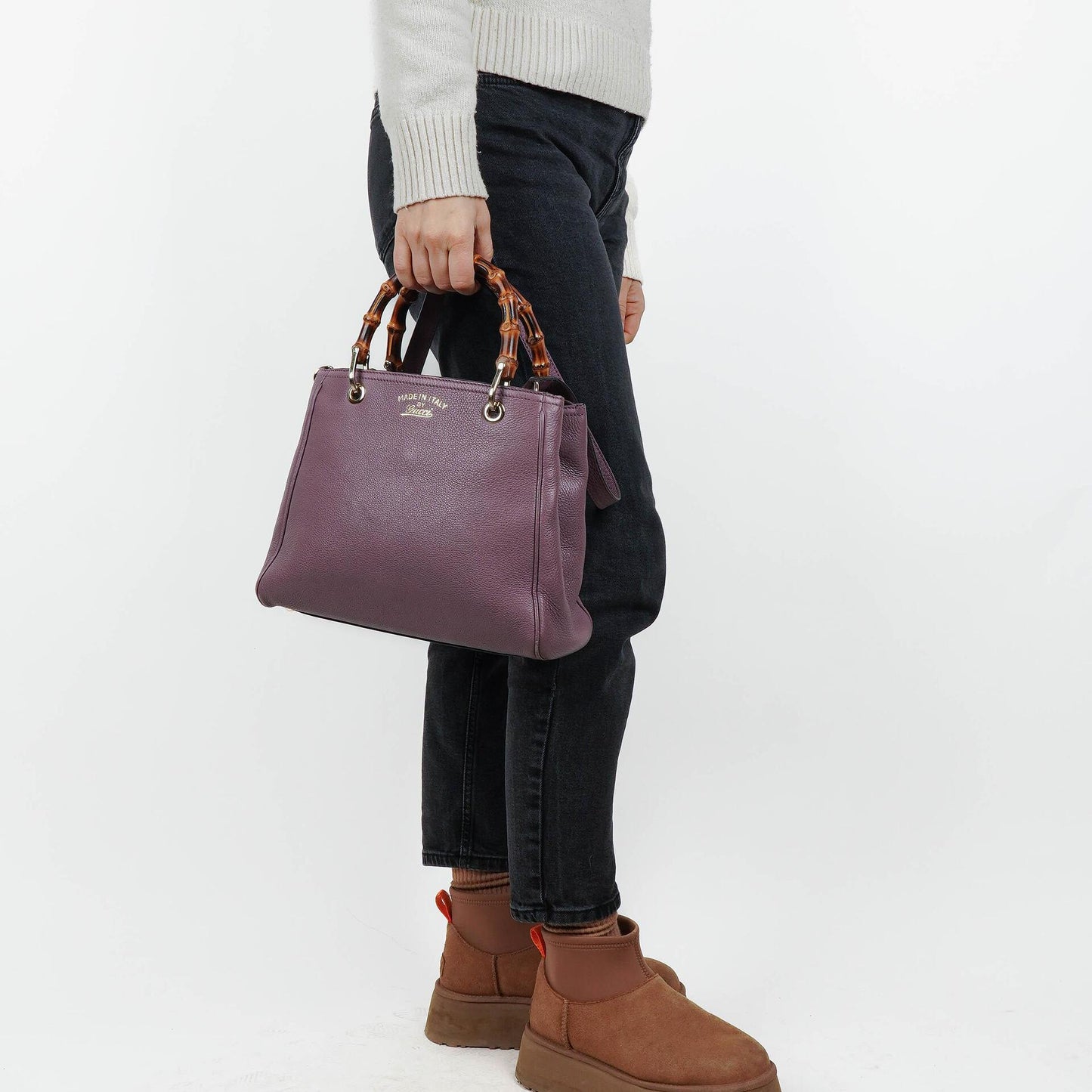 Gucci Mini Bamboo Tote aus lilafarbenem genarbtem Kalbsleder
