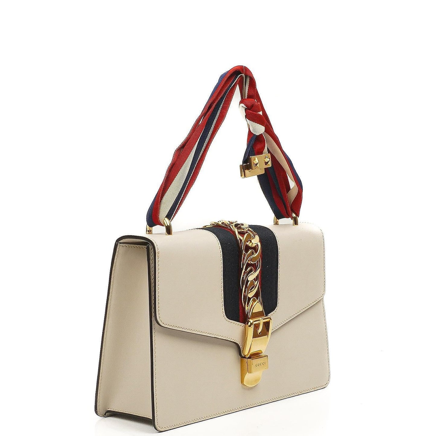 Gucci Kleine Sylvie Schultertasche mit Web-Streifen-Klappe aus elfenbeinfarbenem Kalbsleder