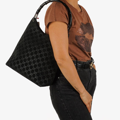 Gucci Vintage Hobo Schultertasche Schwarz GG Bamboo mit Henkel Oben