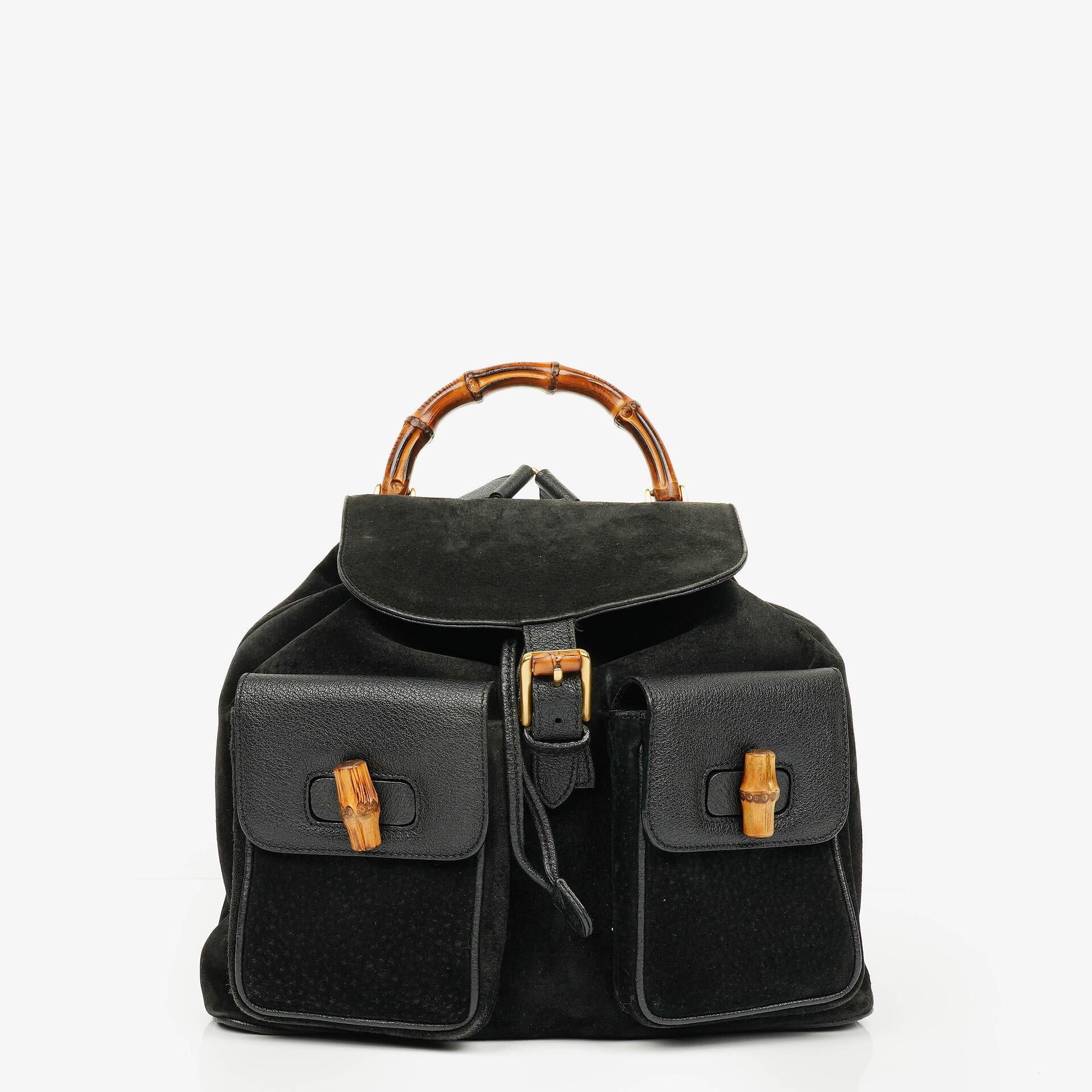 Gucci Vintage Rucksack aus schwarzem Wildleder und Bambus