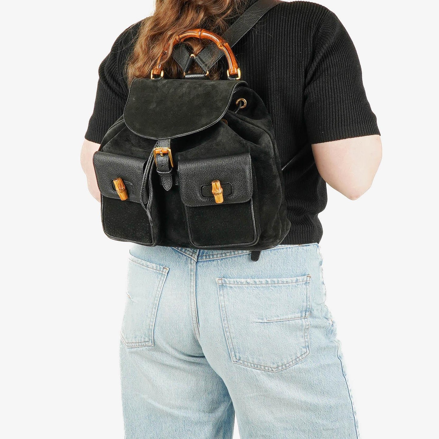 Gucci Vintage Rucksack aus schwarzem Wildleder und Bambus