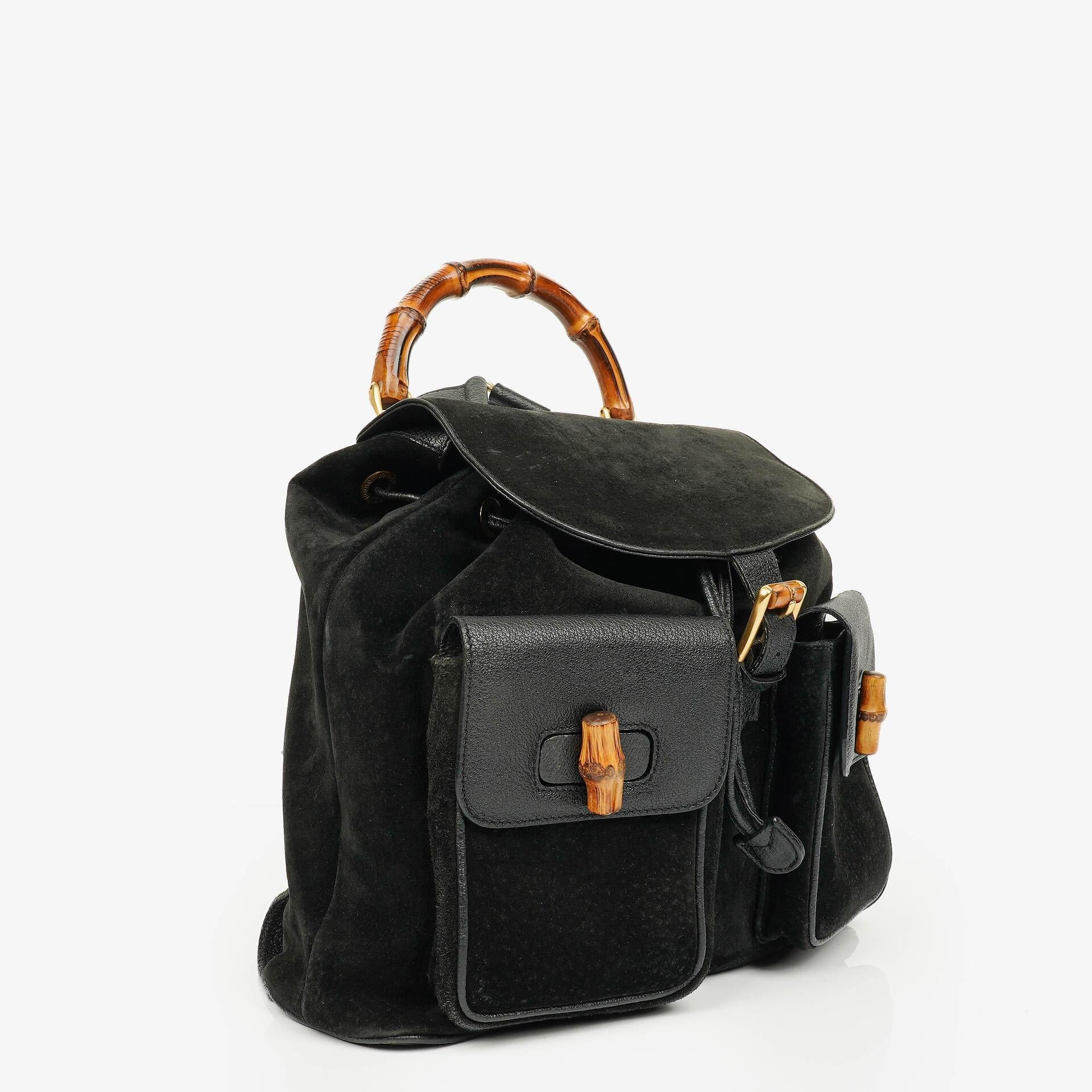 Gucci Vintage Rucksack aus schwarzem Wildleder und Bambus
