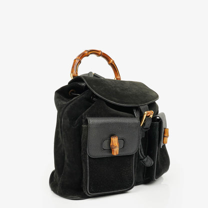Gucci Vintage Rucksack aus schwarzem Wildleder und Bambus