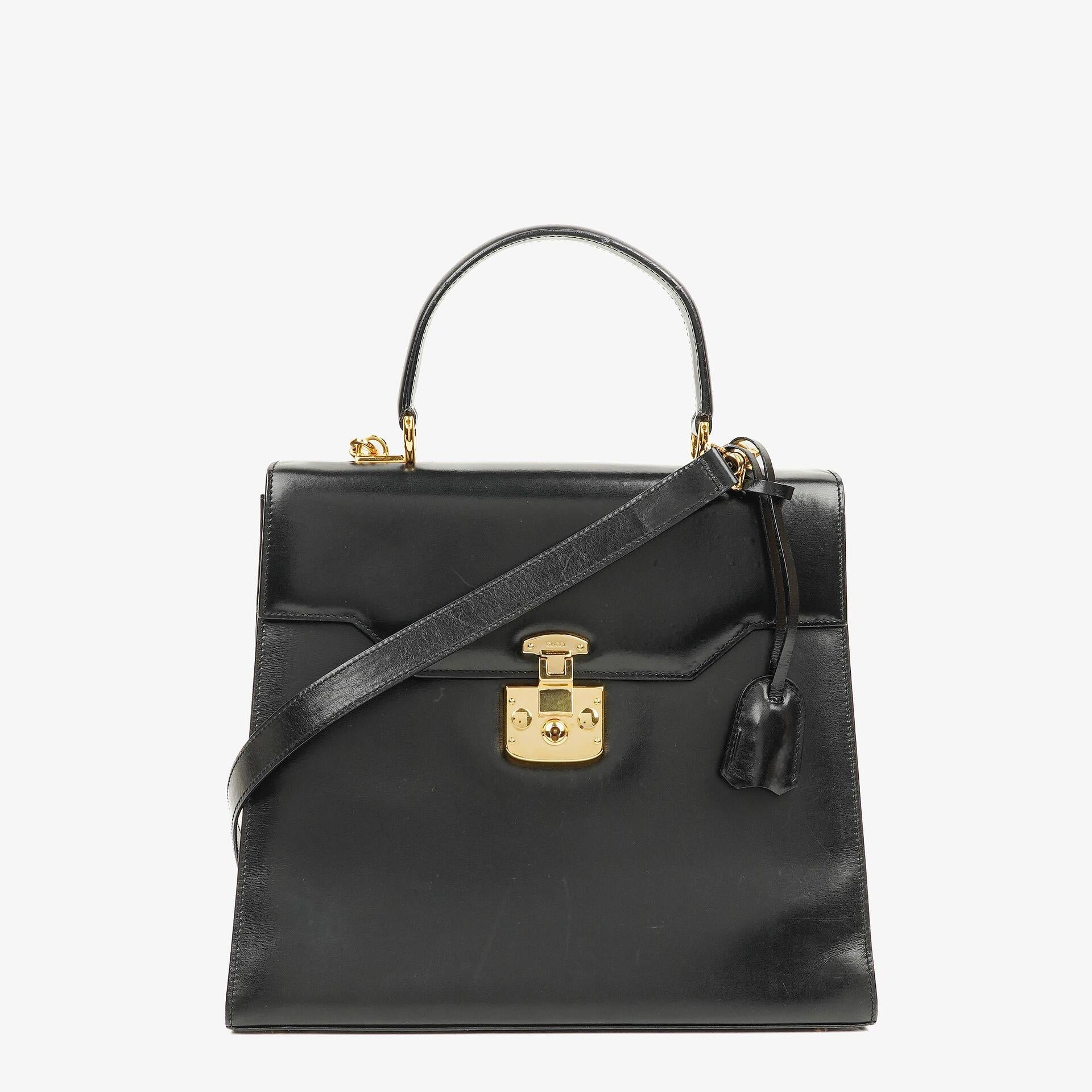 Gucci Vintage Kelly Lady Lock Convertible Top Handle Schultertasche aus schwarzem Leder