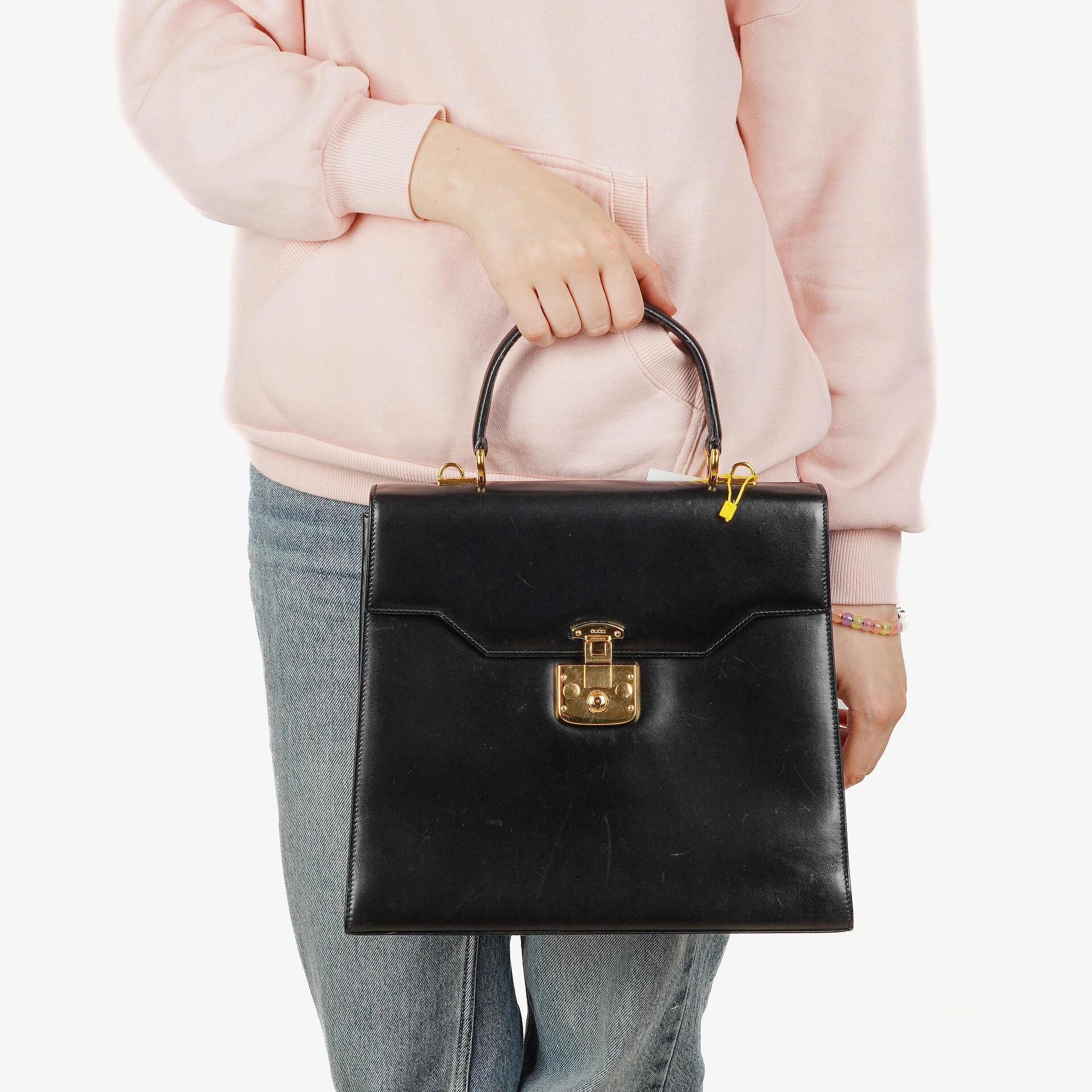 Gucci Vintage Kelly Lady Lock Convertible Top Handle Schultertasche aus schwarzem Leder