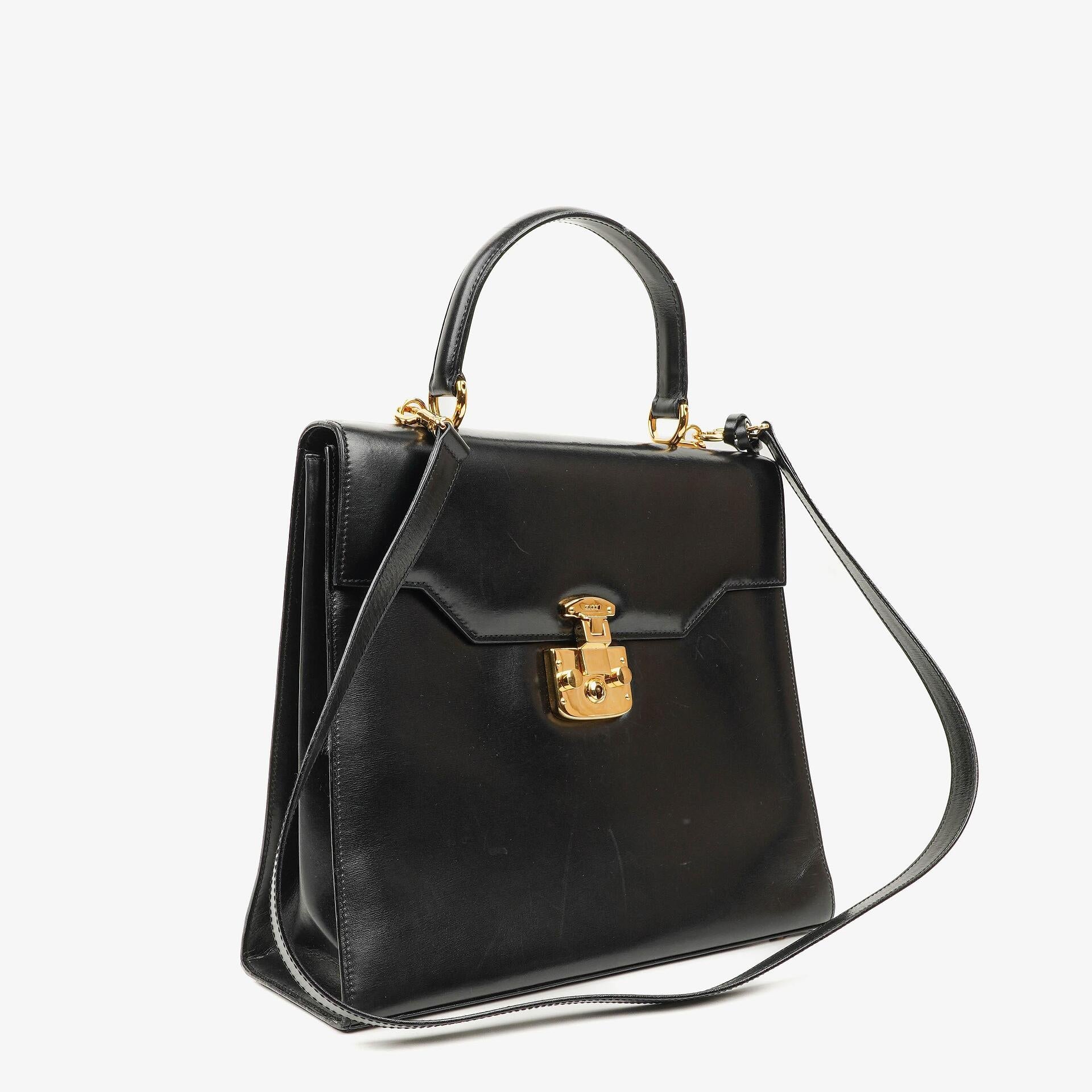 Gucci Vintage Kelly Lady Lock Convertible Top Handle Schultertasche aus schwarzem Leder