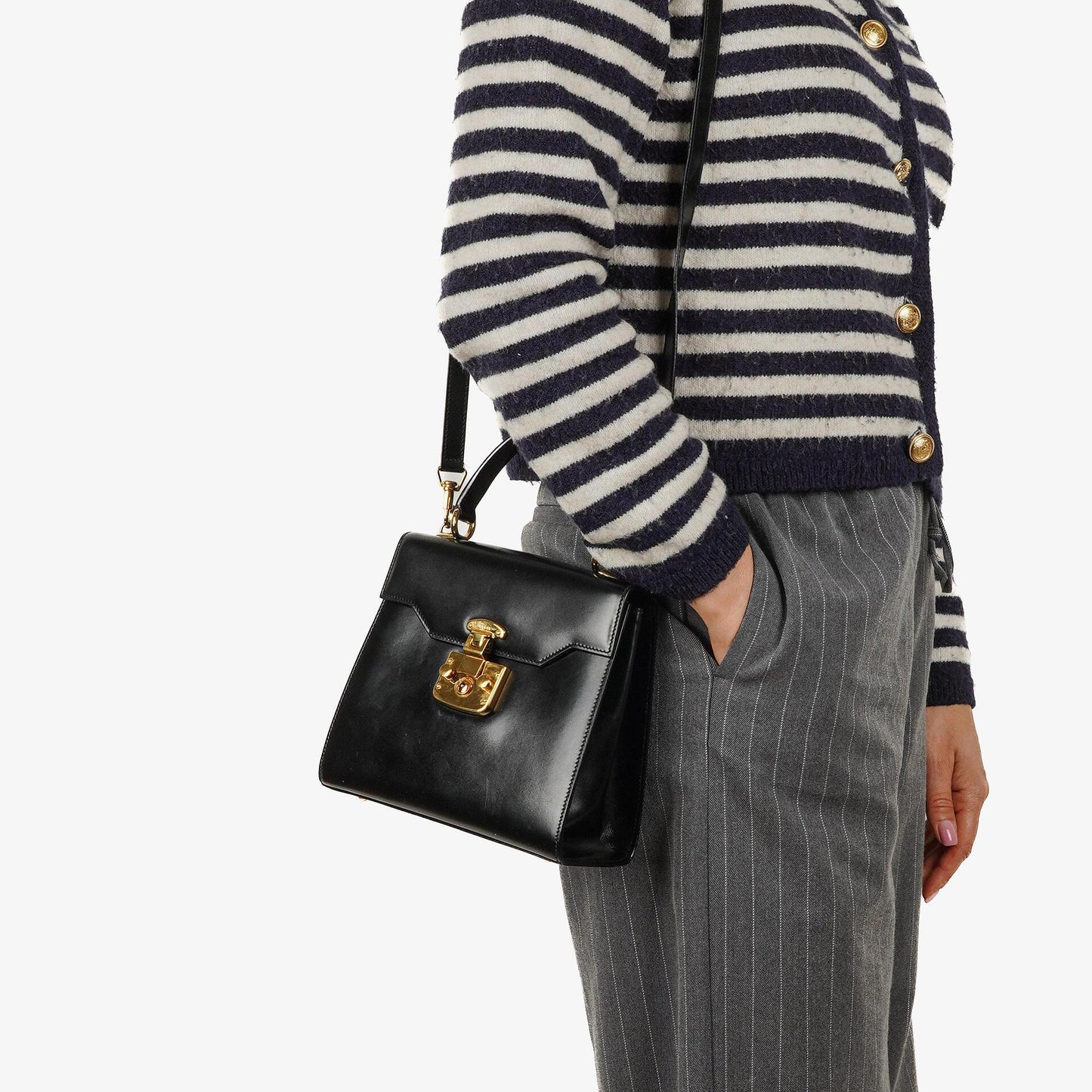 Gucci Vintage Kelly Lady Lock wandelbare Schultertasche aus schwarzem Leder