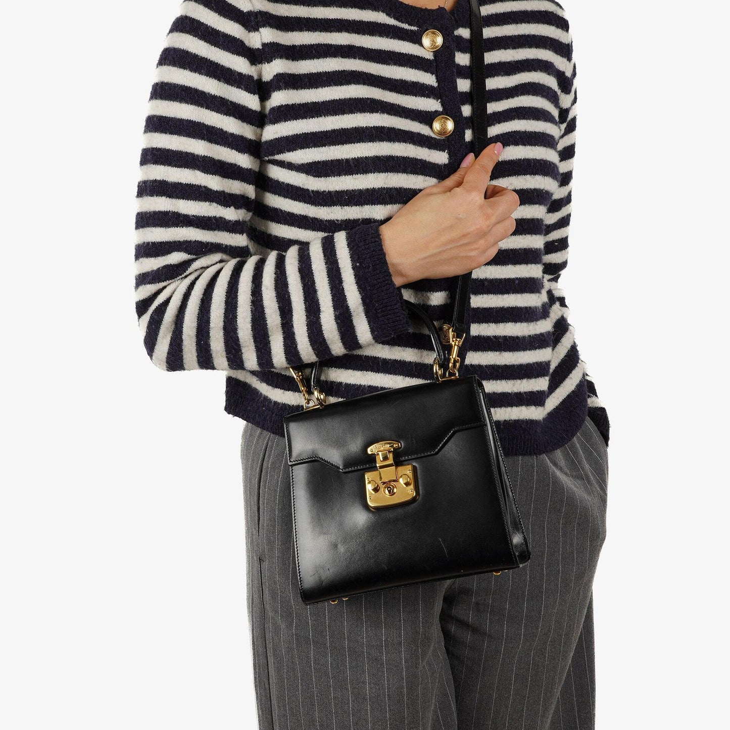 Gucci Vintage Kelly Lady Lock wandelbare Schultertasche aus schwarzem Leder