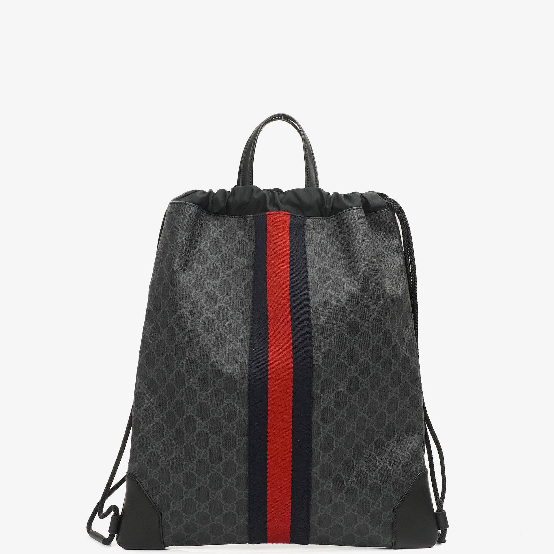 Gucci Web GG Supreme Monogram und Leder Drawstring Rucksack Schwarz