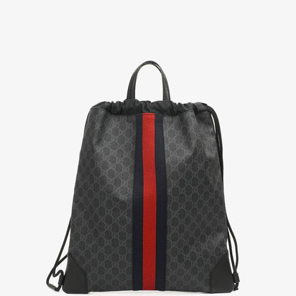 Gucci Web GG Supreme Monogram und Leder Drawstring Rucksack Schwarz