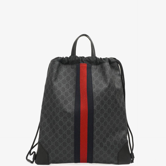 Gucci Web GG Supreme Monogram und Leder Drawstring Rucksack Schwarz