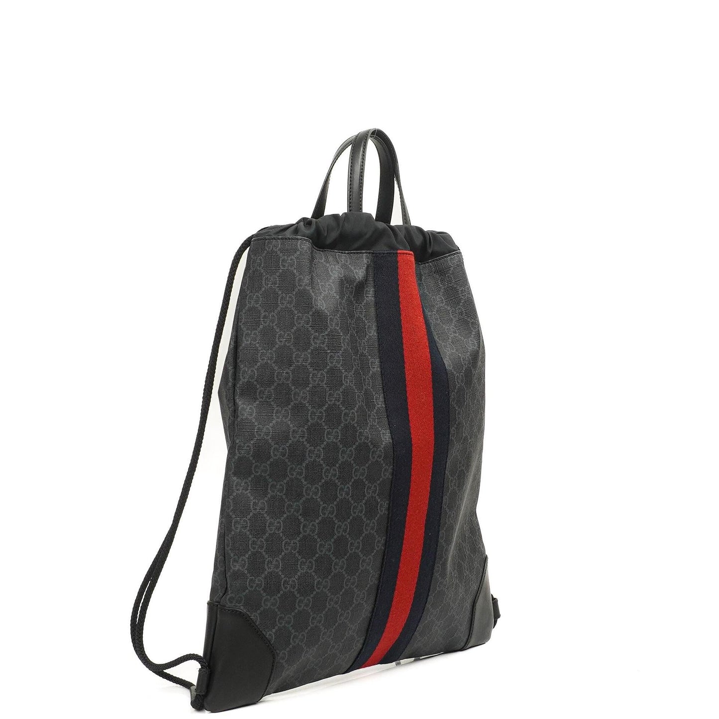 Gucci Web GG Supreme Monogram und Leder Drawstring Rucksack Schwarz