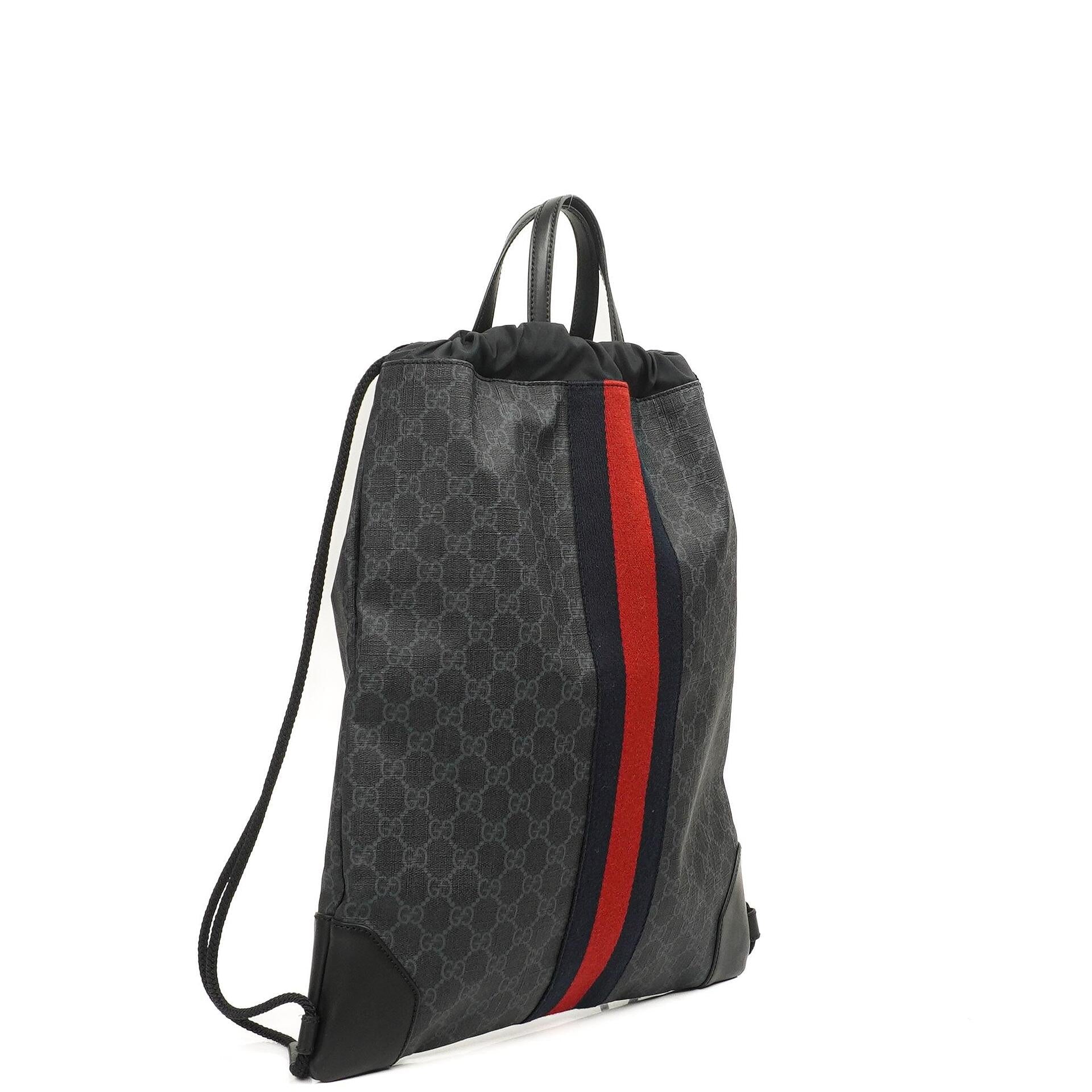 Gucci Web GG Supreme Monogram und Leder Drawstring Rucksack Schwarz