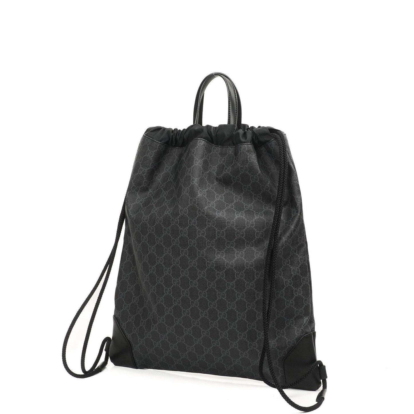 Gucci Web GG Supreme Monogram und Leder Drawstring Rucksack Schwarz