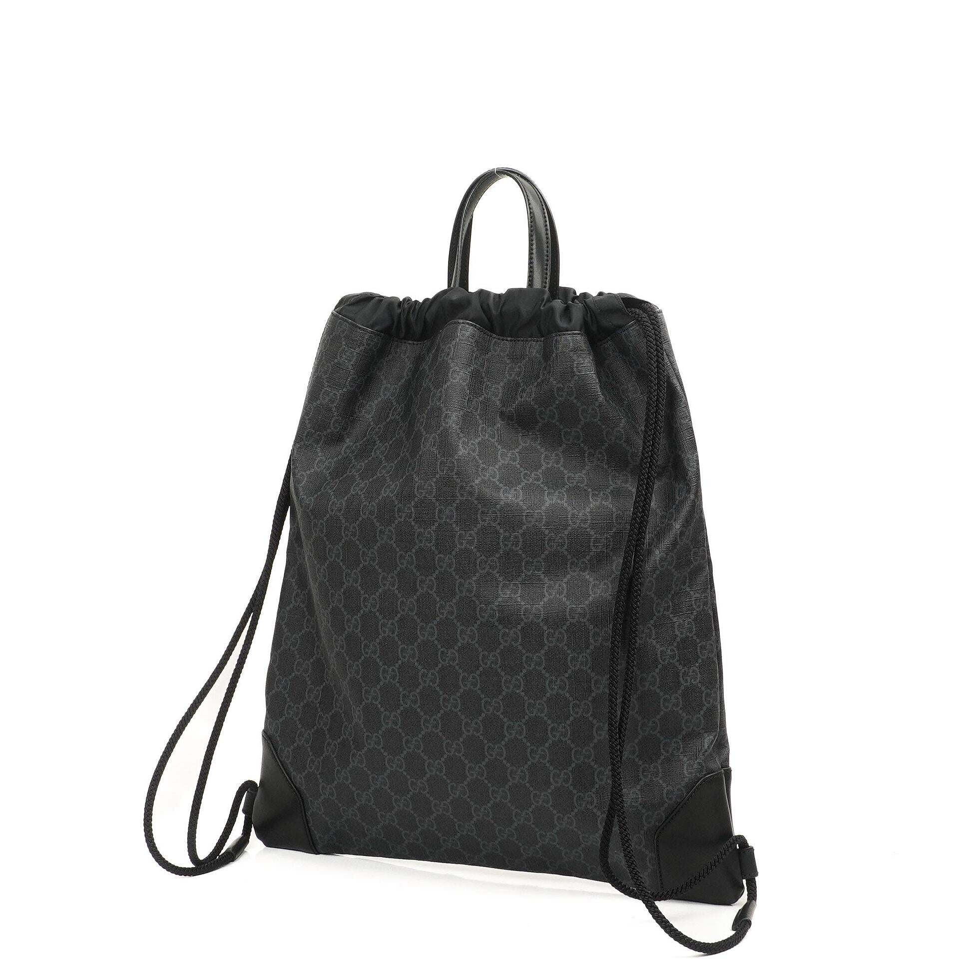 Gucci Web GG Supreme Monogram und Leder Drawstring Rucksack Schwarz