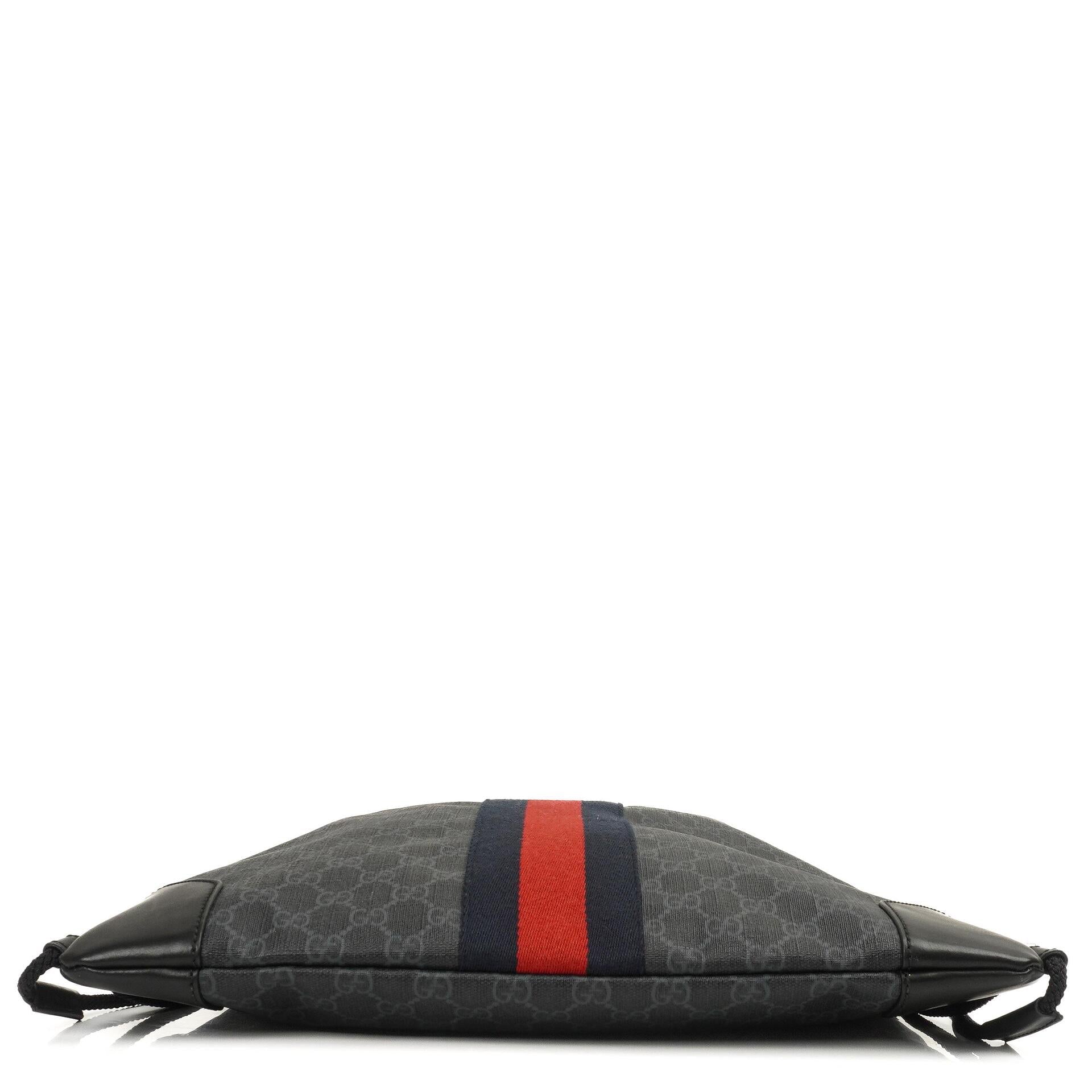 Gucci Web GG Supreme Monogram und Leder Drawstring Rucksack Schwarz