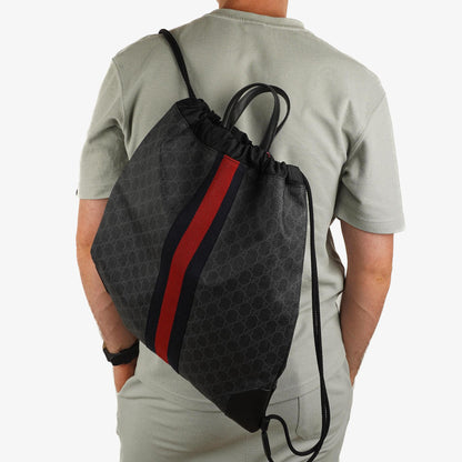 Gucci Web GG Supreme Monogram und Leder Drawstring Rucksack Schwarz