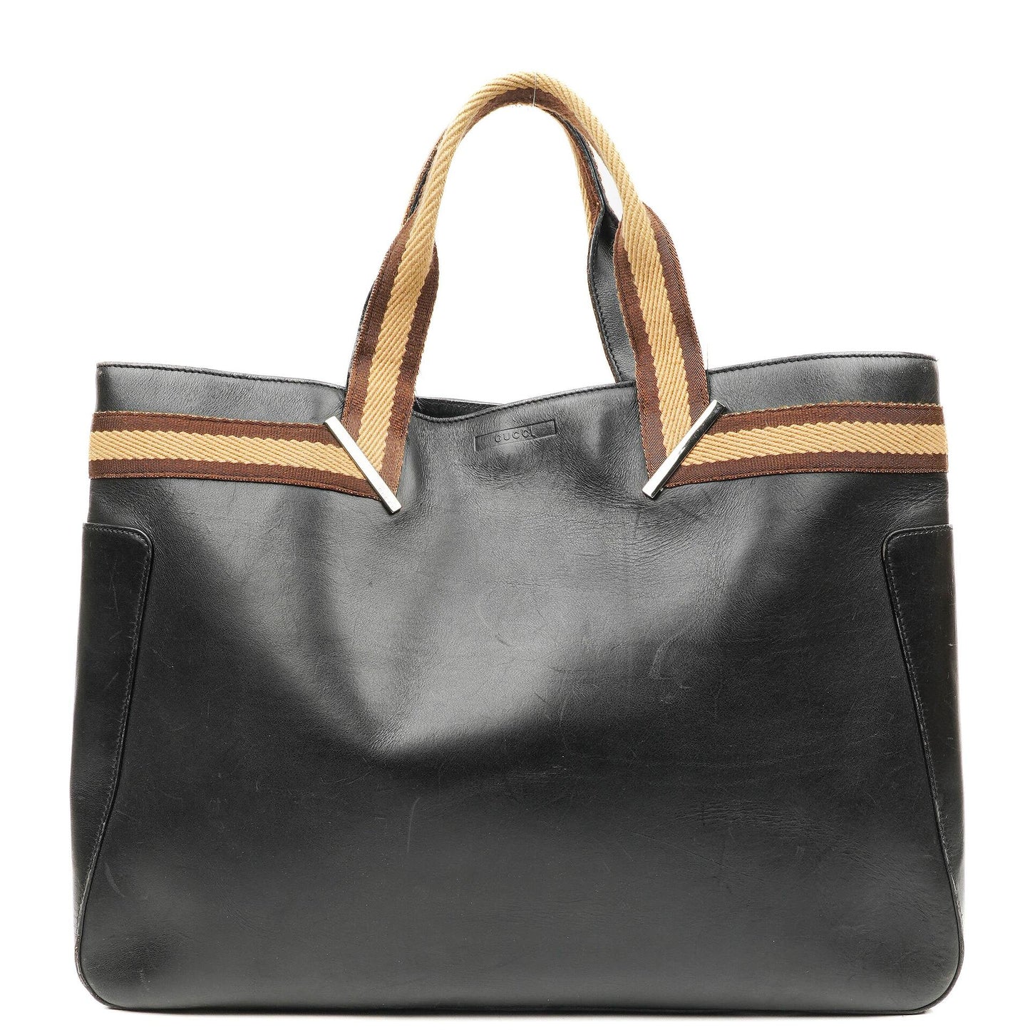 Gucci Tote Tasche mit Web-Streifen aus schwarzem Leder