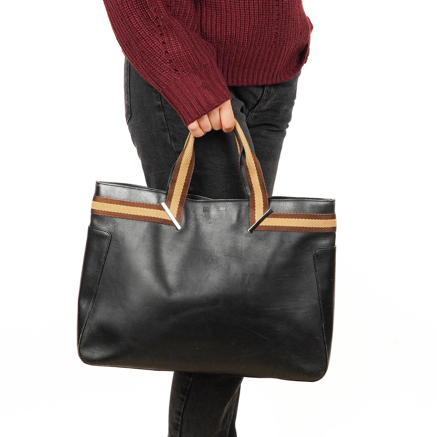 Gucci Tote Tasche mit Web-Streifen aus schwarzem Leder