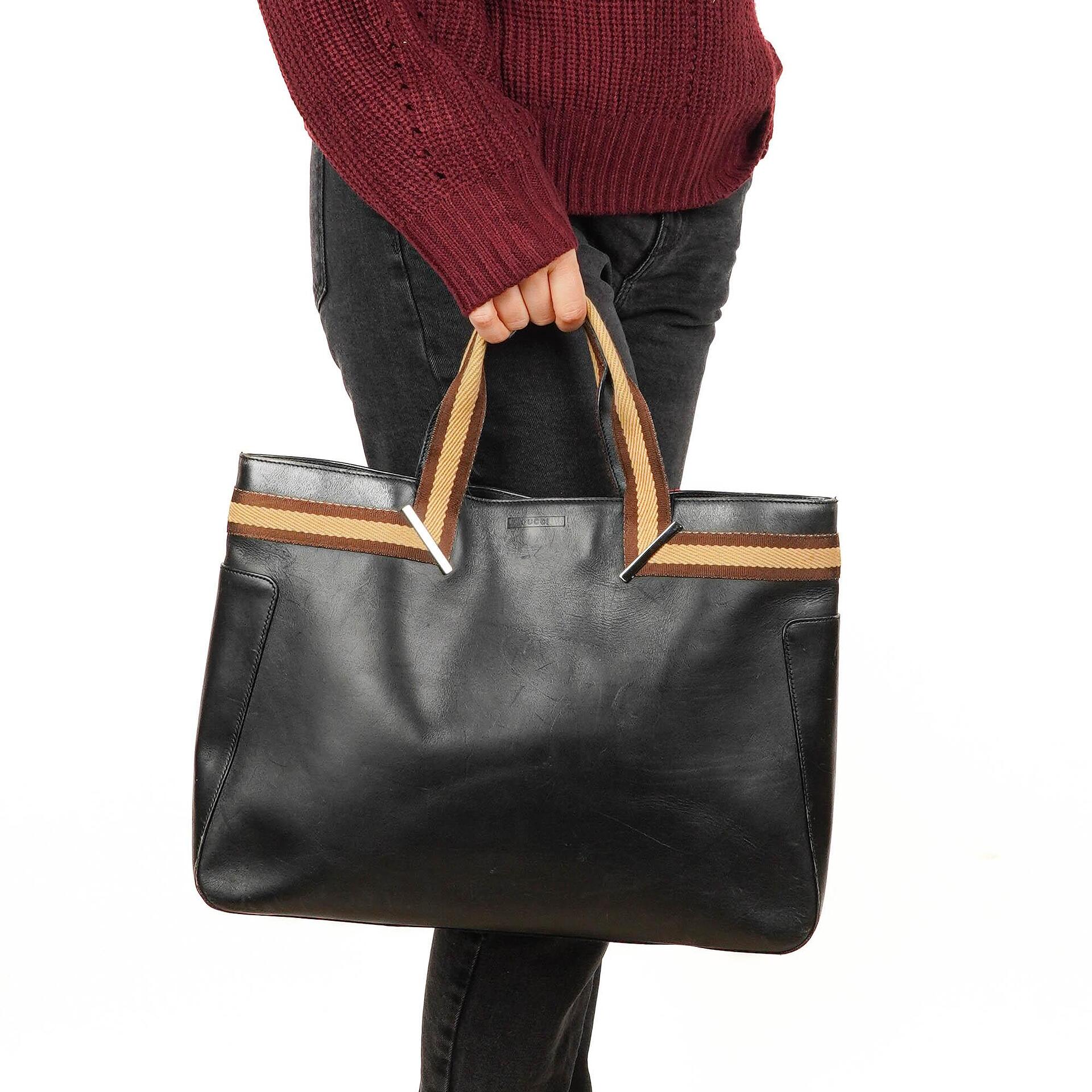 Gucci Tote Tasche mit Web-Streifen aus schwarzem Leder