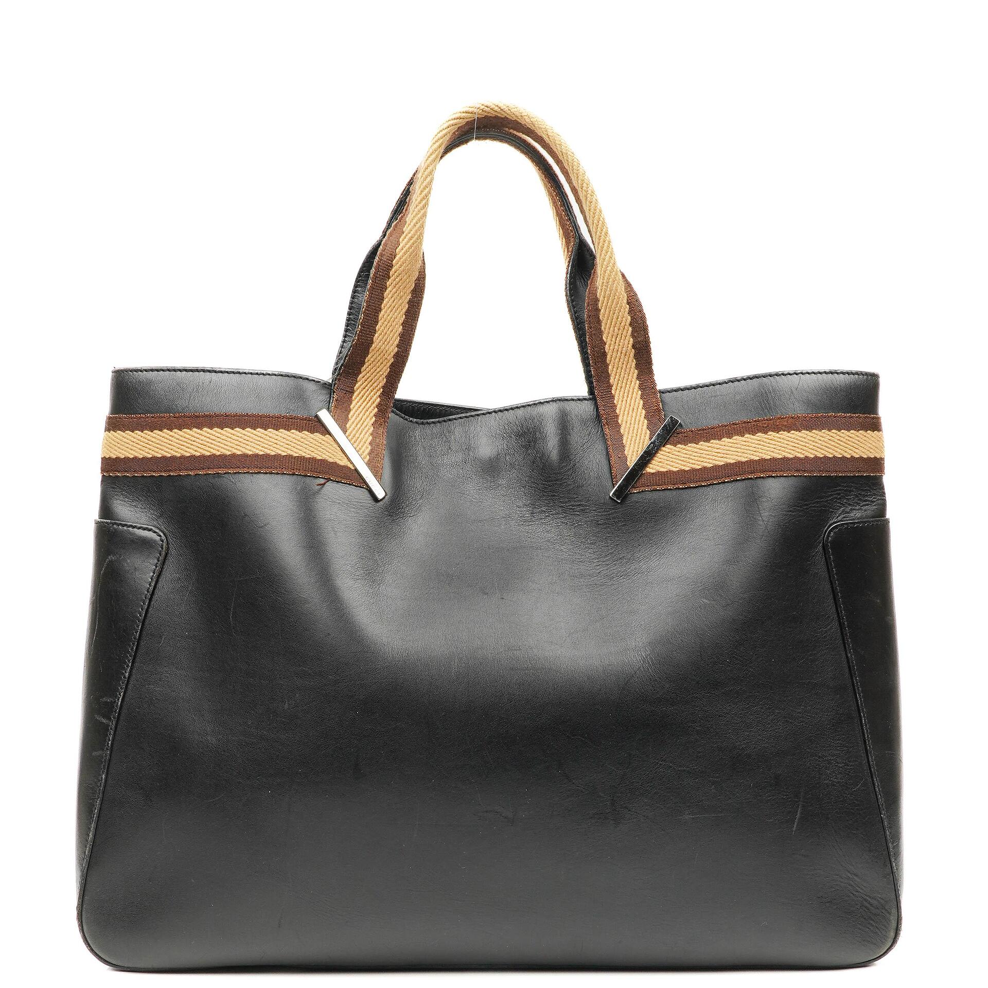 Gucci Tote Tasche mit Web-Streifen aus schwarzem Leder