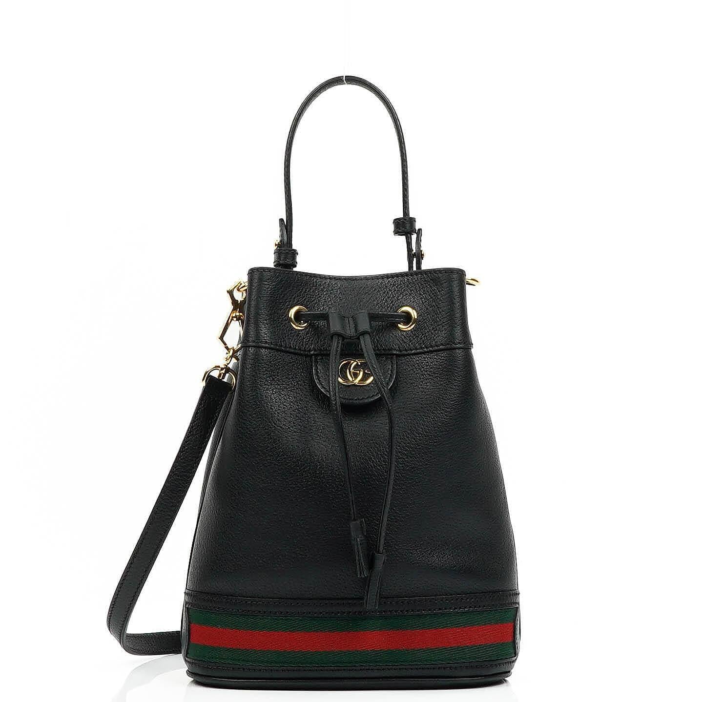 Gucci Web Ophidia Bucket Bag Klein aus schwarzem glasiertem strukturiertem Kalbsleder