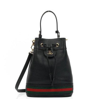 Gucci Web Ophidia Bucket Bag Klein aus schwarzem glasiertem strukturiertem Kalbsleder