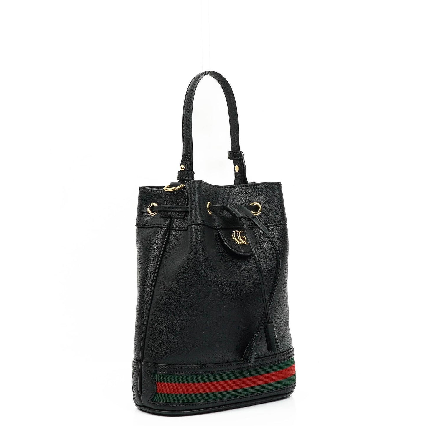 Gucci Web Ophidia Bucket Bag Klein aus schwarzem glasiertem strukturiertem Kalbsleder