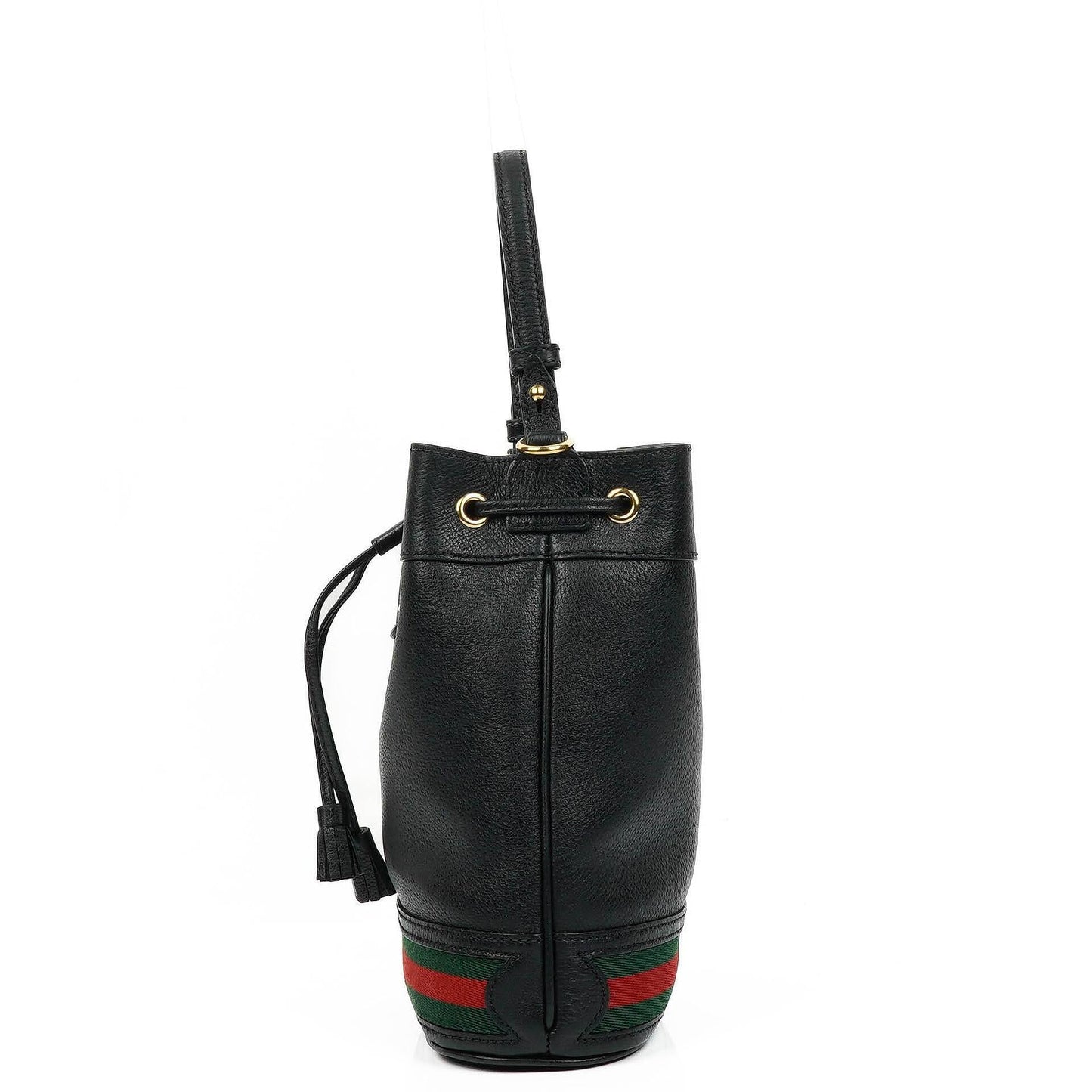 Gucci Web Ophidia Bucket Bag Klein aus schwarzem glasiertem strukturiertem Kalbsleder