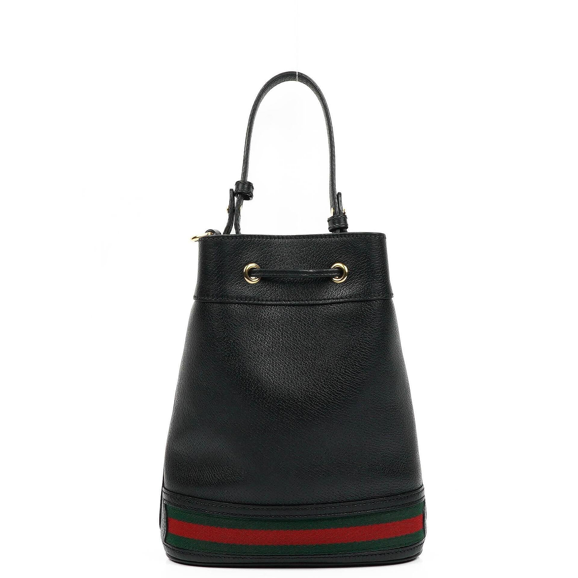 Gucci Web Ophidia Bucket Bag Klein aus schwarzem glasiertem strukturiertem Kalbsleder