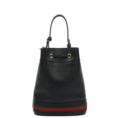 Gucci Web Ophidia Bucket Bag Klein aus schwarzem glasiertem strukturiertem Kalbsleder