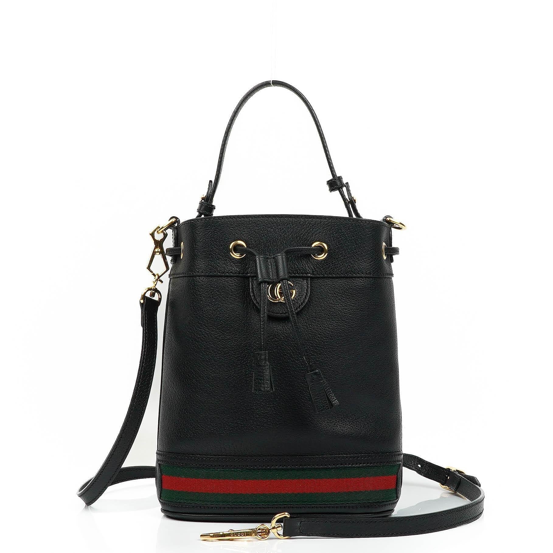 Gucci Web Ophidia Bucket Bag Klein aus schwarzem glasiertem strukturiertem Kalbsleder