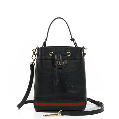 Gucci Web Ophidia Bucket Bag Klein aus schwarzem glasiertem strukturiertem Kalbsleder