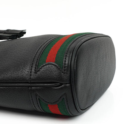 Gucci Web Ophidia Bucket Bag Klein aus schwarzem glasiertem strukturiertem Kalbsleder